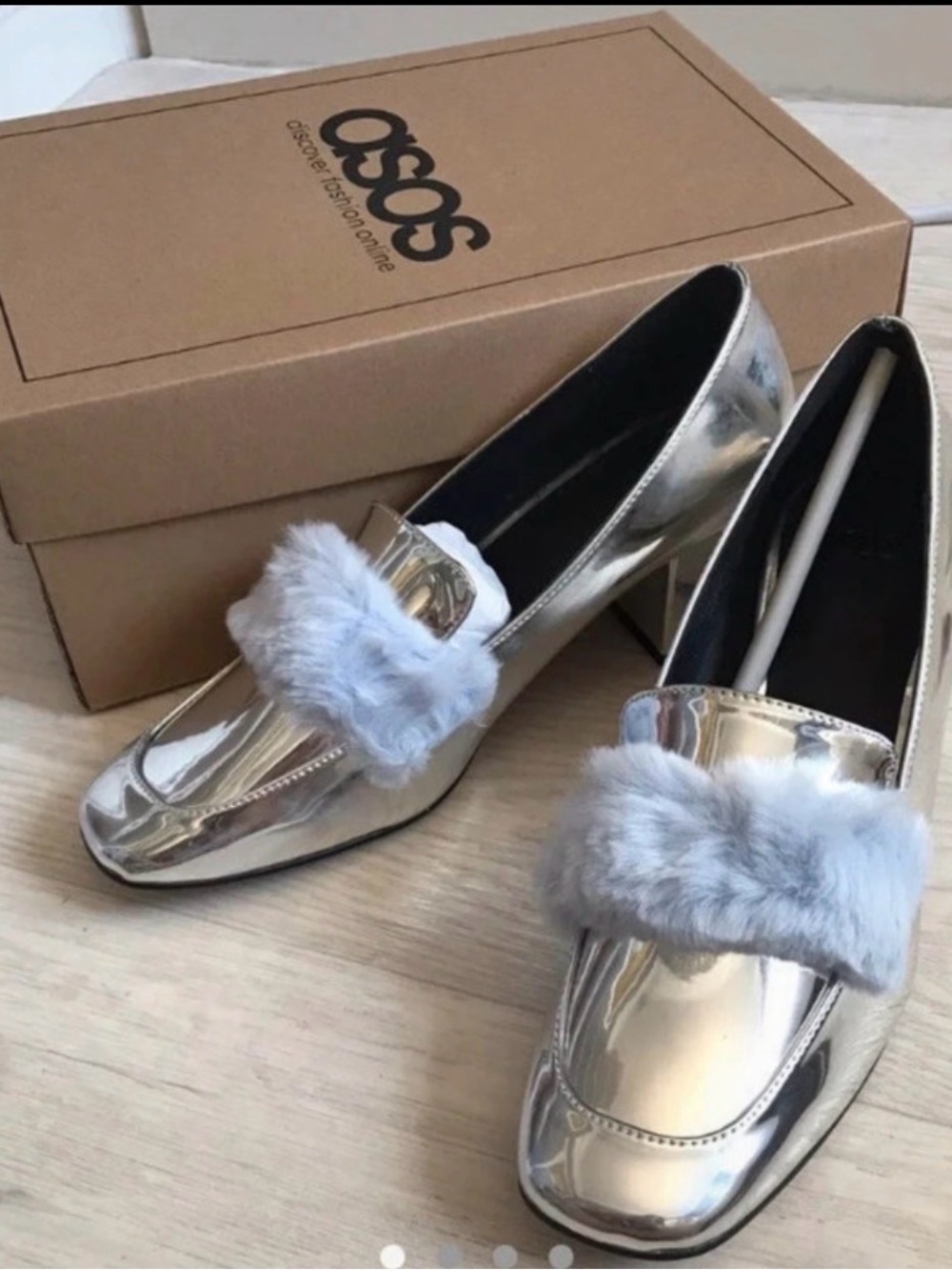 ASOS Silver Metallic Loafers with Light Grey Faux Fur Trim
